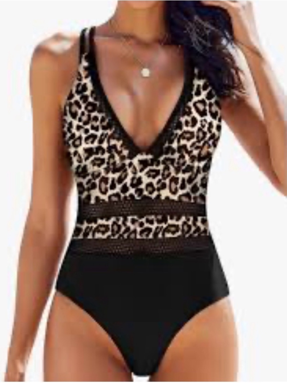 Leopard Print Black One-Piece Swimsuit - Women's V-Neck